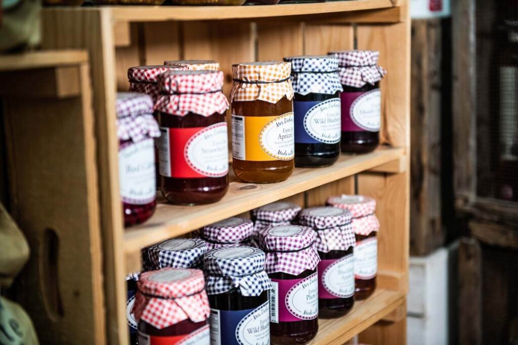 A display for homemade jams for sale at Tewkesbury Garden Centre