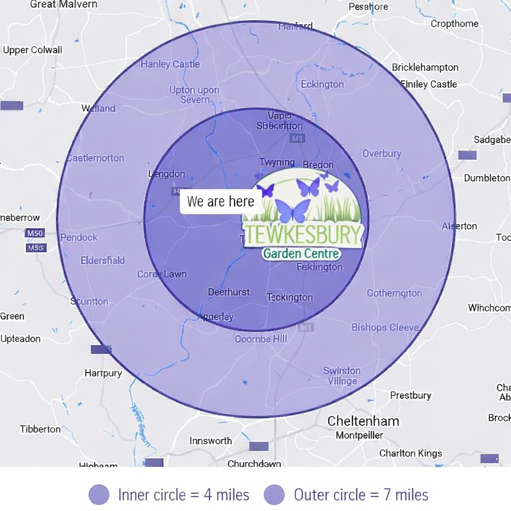 Map of surrounding areas for free local florist delivery in Tewkesbury